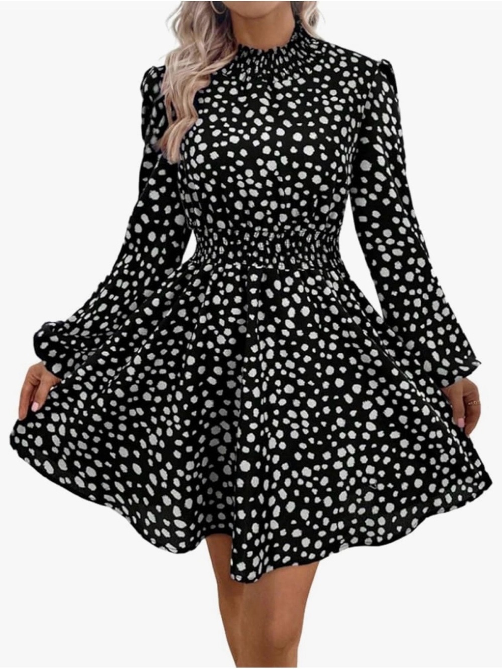 Women’s Black & White Polka Dot Smocked Waist Long Sleeve Dress, Small